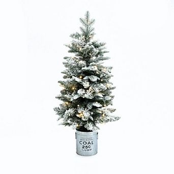 LuxenHome 4Ft Artificial Flocked Fir Christmas Tree Potted with Battery-Operated Lights