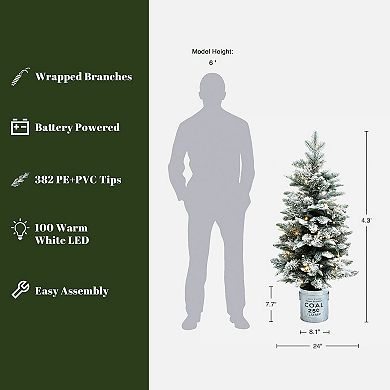 LuxenHome 4Ft Artificial Flocked Fir Christmas Tree Potted with Battery-Operated Lights