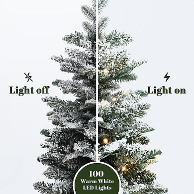 LuxenHome 4Ft Artificial Flocked Fir Christmas Tree Potted with Battery-Operated Lights