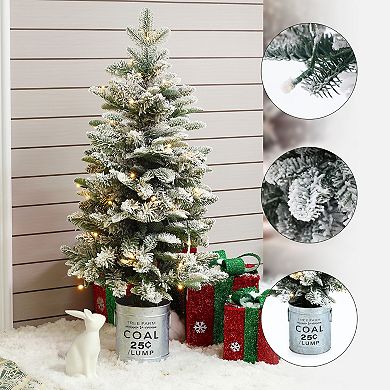 LuxenHome 4Ft Artificial Flocked Fir Christmas Tree Potted with Battery-Operated Lights