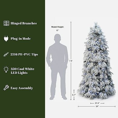 LuxenHome 7Ft Pre-Lit Full Snowy Branches Artificial Pine Christmas Tree with Pinecones and Stand