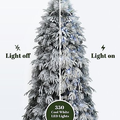 LuxenHome 7Ft Pre-Lit Full Snowy Branches Artificial Pine Christmas Tree with Pinecones and Stand