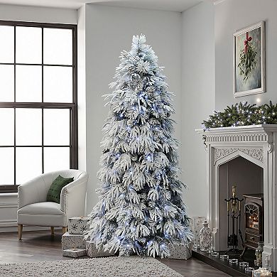 LuxenHome 7Ft Pre-Lit Full Snowy Branches Artificial Pine Christmas Tree with Pinecones and Stand