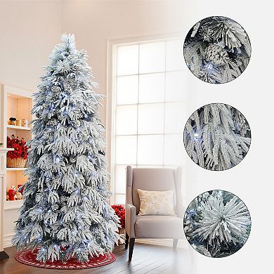 LuxenHome 7Ft Pre-Lit Full Snowy Branches Artificial Pine Christmas Tree with Pinecones and Stand