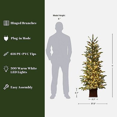 LuxenHome 5Ft Pre-Lit Artificial Pine Christmas Tree with Pinecones and Brown Square Planter Pot