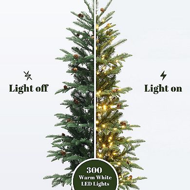 LuxenHome 5Ft Pre-Lit Artificial Pine Christmas Tree with Pinecones and Brown Square Planter Pot