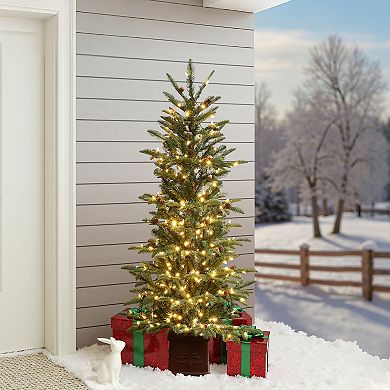 LuxenHome 5Ft Pre-Lit Artificial Pine Christmas Tree with Pinecones and Brown Square Planter Pot