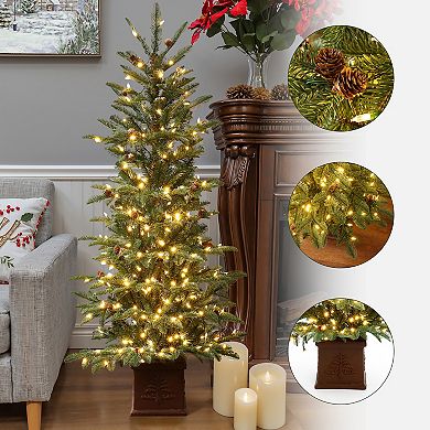 LuxenHome 5Ft Pre-Lit Artificial Pine Christmas Tree with Pinecones and Brown Square Planter Pot