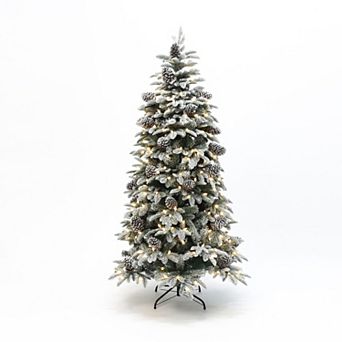 LuxenHome 7Ft Pre-Lit Flocked Artificial Pine Christmas Tree with Pinecones and Metal Stand