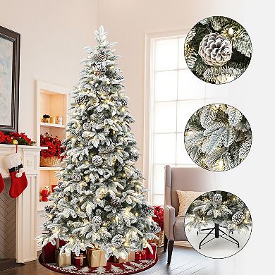 LuxenHome 7Ft Pre-Lit Flocked Artificial Pine Christmas Tree with Pinecones and Metal Stand