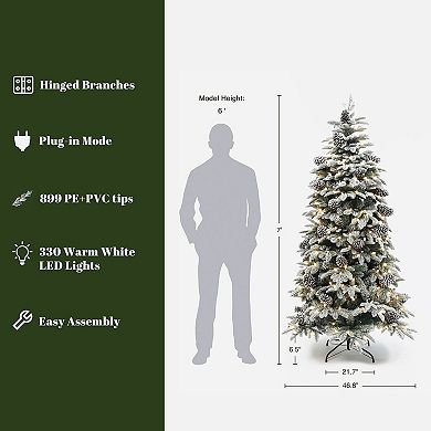LuxenHome 7Ft Pre-Lit Flocked Artificial Pine Christmas Tree with Pinecones and Metal Stand