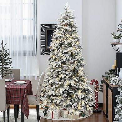 LuxenHome 7Ft Pre-Lit Flocked Artificial Pine Christmas Tree with Pinecones and Metal Stand