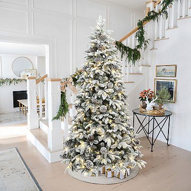 LuxenHome 7Ft Pre-Lit Flocked Artificial Pine Christmas Tree with Pinecones and Metal Stand