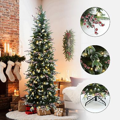 LuxenHome 7.5Ft Pre-Lit Pencil Artificial Christmas Tree with Frosted Tips and Red Berries