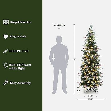 LuxenHome 7.5Ft Pre-Lit Pencil Artificial Christmas Tree with Frosted Tips and Red Berries