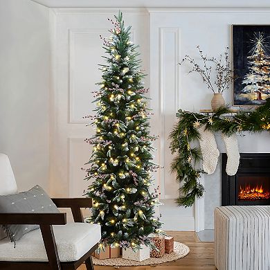 LuxenHome 7.5Ft Pre-Lit Pencil Artificial Christmas Tree with Frosted Tips and Red Berries