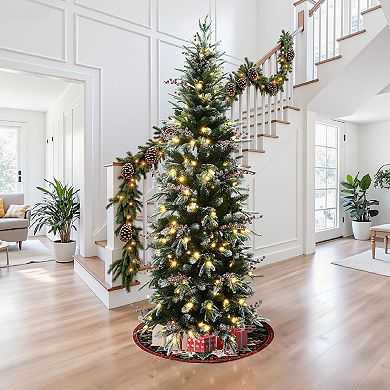 LuxenHome 7.5Ft Pre-Lit Pencil Artificial Christmas Tree with Frosted Tips and Red Berries