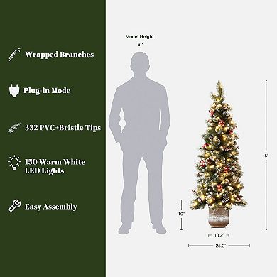 LuxenHome 5Ft Pre-Lit Artificial Pine Christmas Tree with Pinecones and Snowflake Planter Pot