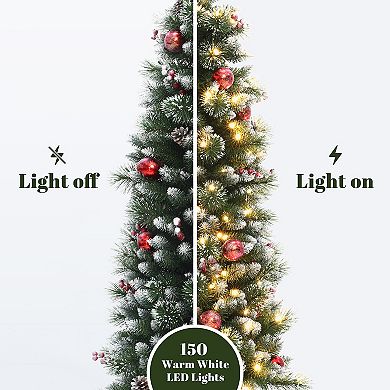 LuxenHome 5Ft Pre-Lit Artificial Pine Christmas Tree with Pinecones and Snowflake Planter Pot