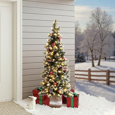 LuxenHome 5Ft Pre-Lit Artificial Pine Christmas Tree with Pinecones and Snowflake Planter Pot