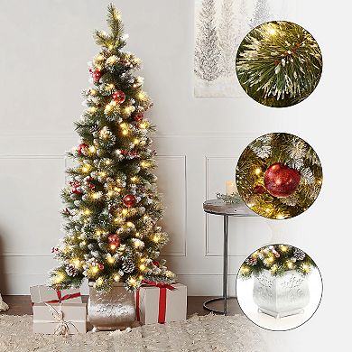 LuxenHome 5Ft Pre-Lit Artificial Pine Christmas Tree with Pinecones and Snowflake Planter Pot