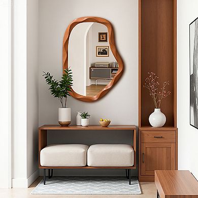 LuxenHome Natural Wood Finish Asymmetrical MDF Frame Wall Mirror, 31.5” H x 22.6” W