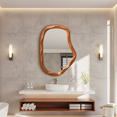 LuxenHome Natural Wood Finish Asymmetrical MDF Frame Wall Mirror, 31.5” H x 22.6” W