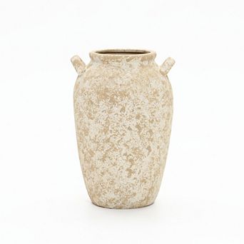 LuxenHome Vintage Pottery Off-White with Brown 15.75-Inch Tall Round Ceramic Vase