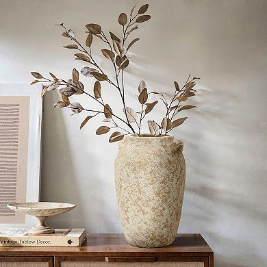 LuxenHome Vintage Pottery Off-White with Brown 15.75-Inch Tall Round Ceramic Vase