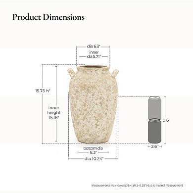 LuxenHome Vintage Pottery Off-White with Brown 15.75-Inch Tall Round Ceramic Vase