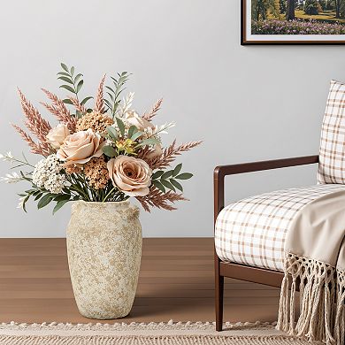 LuxenHome Vintage Pottery Off-White with Brown 15.75-Inch Tall Round Ceramic Vase