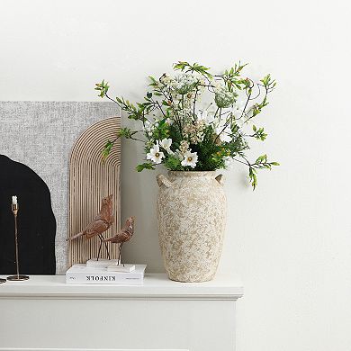 LuxenHome Vintage Pottery Off-White with Brown 15.75-Inch Tall Round Ceramic Vase