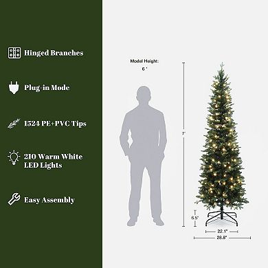 LuxenHome 7Ft Pre-Lit Green Artificial Slim Christmas Tree with Metal Stand