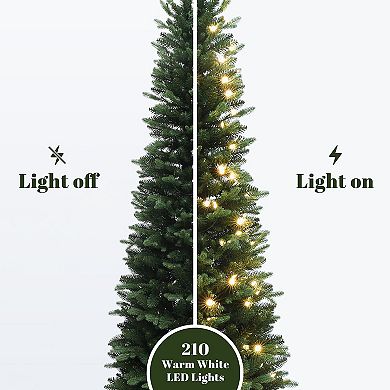 LuxenHome 7Ft Pre-Lit Green Artificial Slim Christmas Tree with Metal Stand