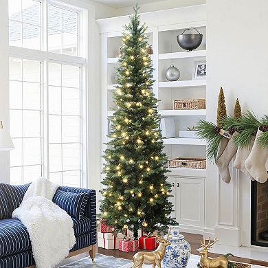 LuxenHome 7Ft Pre-Lit Green Artificial Slim Christmas Tree with Metal Stand