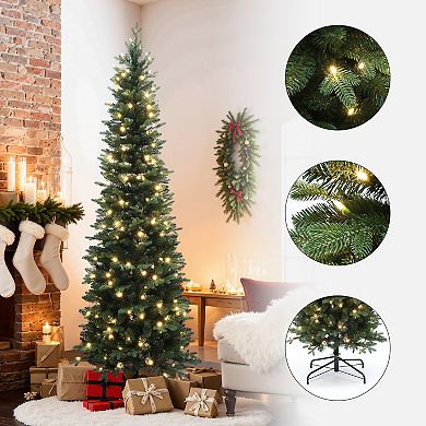 LuxenHome 7Ft Pre-Lit Green Artificial Slim Christmas Tree with Metal Stand