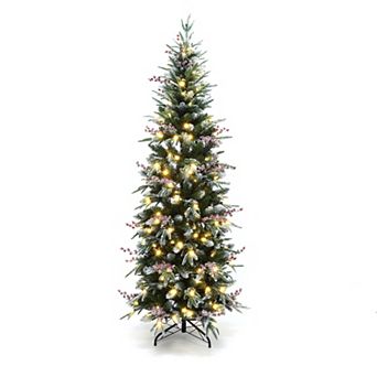 LuxenHome 6.5Ft Pre-Lit Pencil Artificial Christmas Tree with Frosted Tips and Red Berries