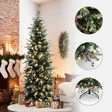 LuxenHome 6.5Ft Pre-Lit Pencil Artificial Christmas Tree with Frosted Tips and Red Berries