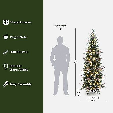 LuxenHome 6.5Ft Pre-Lit Pencil Artificial Christmas Tree with Frosted Tips and Red Berries