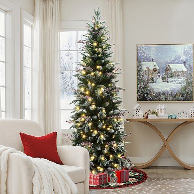 LuxenHome 6.5Ft Pre-Lit Pencil Artificial Christmas Tree with Frosted Tips and Red Berries