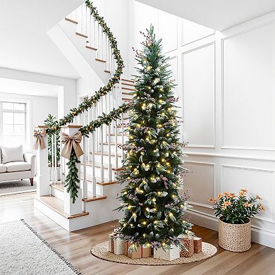LuxenHome 6.5Ft Pre-Lit Pencil Artificial Christmas Tree with Frosted Tips and Red Berries
