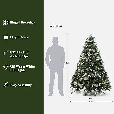 LuxenHome 6Ft Pre-Lit Green & White Pine Christmas Tree with Pinecones & Metal Stand, Holiday Decor