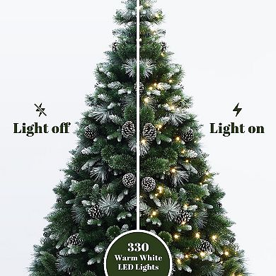 LuxenHome 6Ft Pre-Lit Green & White Pine Christmas Tree with Pinecones & Metal Stand, Holiday Decor