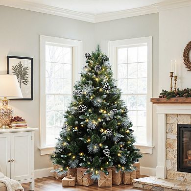 LuxenHome 6Ft Pre-Lit Green & White Pine Christmas Tree with Pinecones & Metal Stand, Holiday Decor