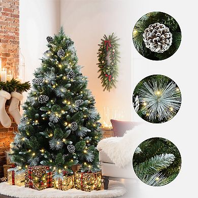 LuxenHome 6Ft Pre-Lit Green & White Pine Christmas Tree with Pinecones & Metal Stand, Holiday Decor