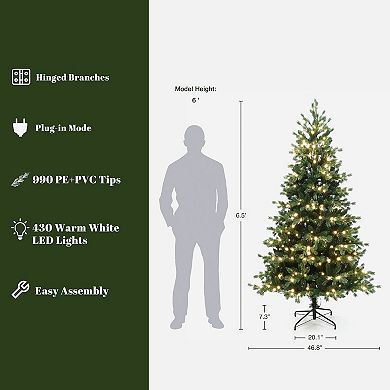 LuxenHome 6.5Ft Pre-Lit Green PE/PVC Artificial Fir Christmas Tree with Metal Stand