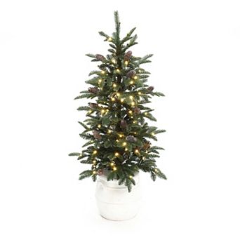 LuxenHome 4Ft Pre-Lit Green Artificial Pine Christmas Tree with Pinecones and Round White Pot