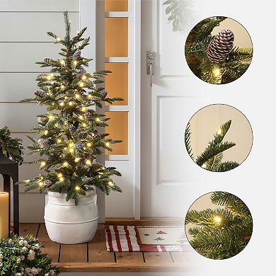 LuxenHome 4Ft Pre-Lit Green Artificial Pine Christmas Tree with Pinecones and Round White Pot