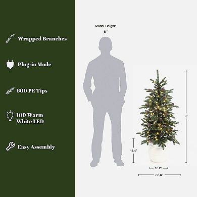 LuxenHome 4Ft Pre-Lit Green Artificial Pine Christmas Tree with Pinecones and Round White Pot