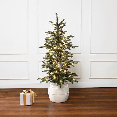LuxenHome 4Ft Pre-Lit Green Artificial Pine Christmas Tree with Pinecones and Round White Pot